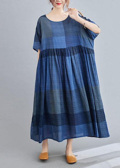 Unique Blue Plaid Pockets a Line Summer Maxi Dresses Half Sleeve