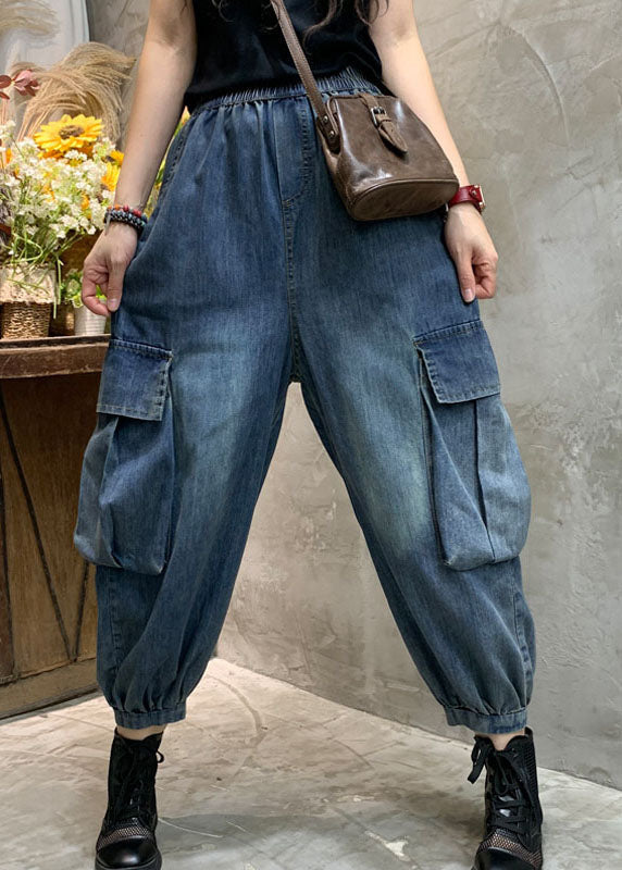 Unique Blue Pockets Denim Lantern Pants Spring
