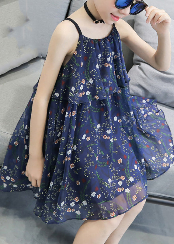 Unique Blue Print Wrinkled Chiffon Slip Mid Sundress Sleeveless