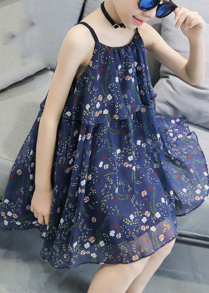 Unique Blue Print Wrinkled Chiffon Slip Mid Sundress Sleeveless