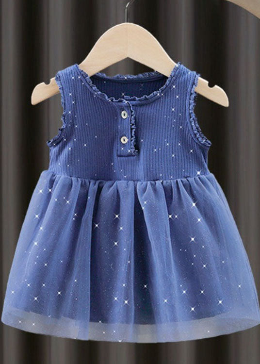 Unique Blue Ruffled Button Patchwork Tulle Kids Dresses Sleeveless