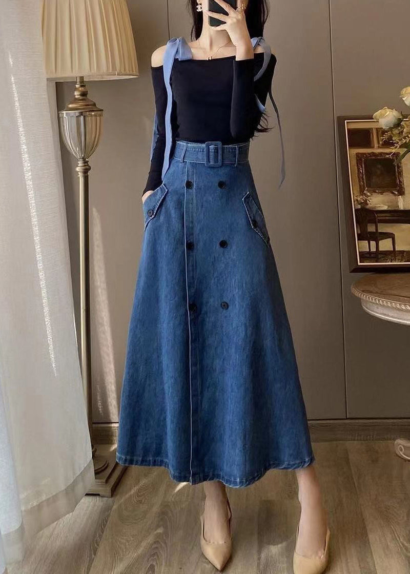 Unique Blue Slash Neck Patchwork Top and Denim Maxi Skirts Two Pieces Set Fall
