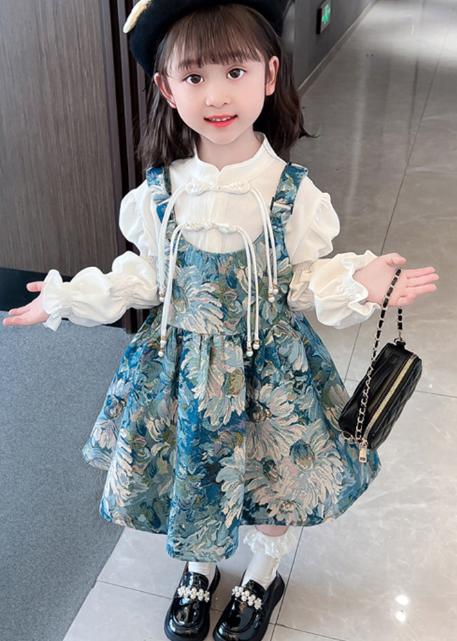Unique Blue Tasseled Patchwork Cotton Kids Dresses Sets 2 Pieces Fall