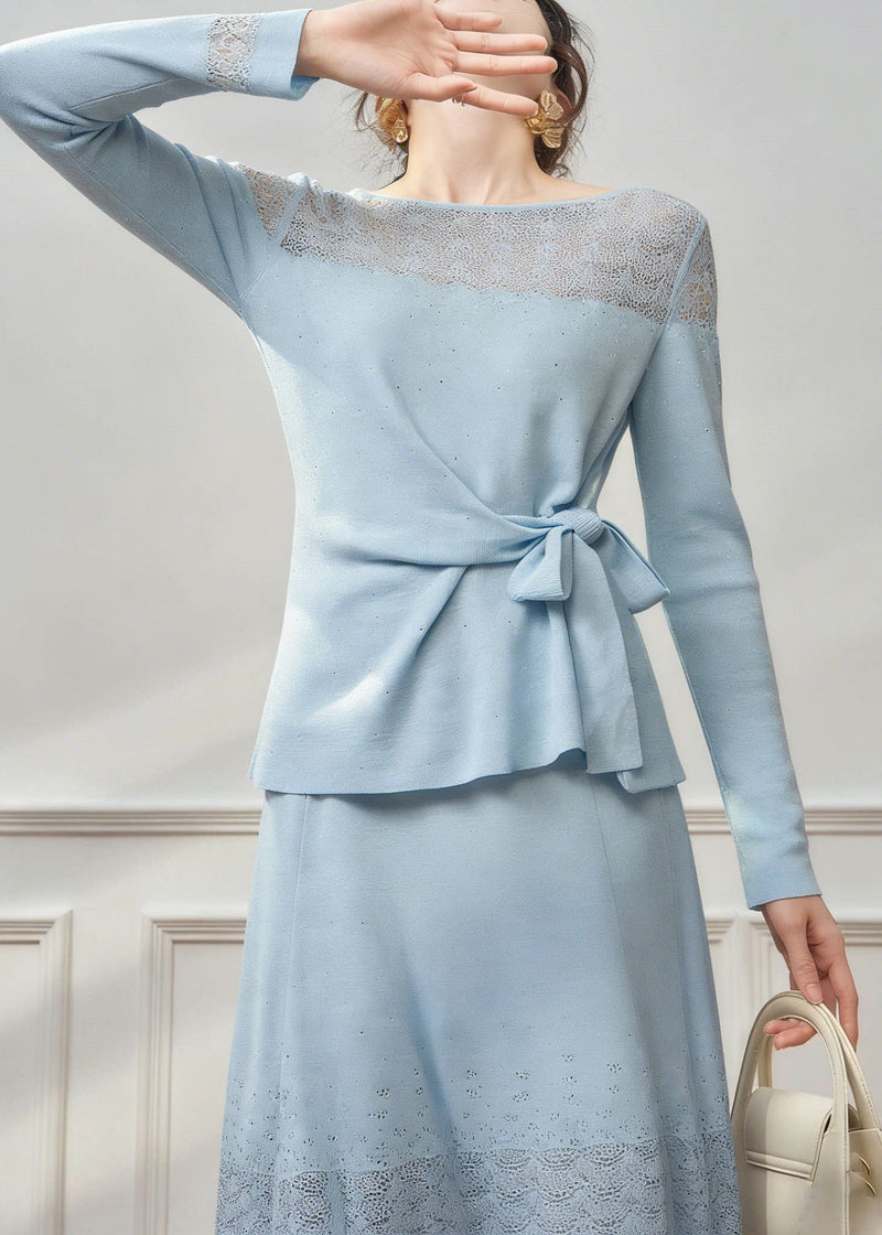 Unique Blue Tie Waist Knit Top and Maxi Skirts Two Piece Set Spring