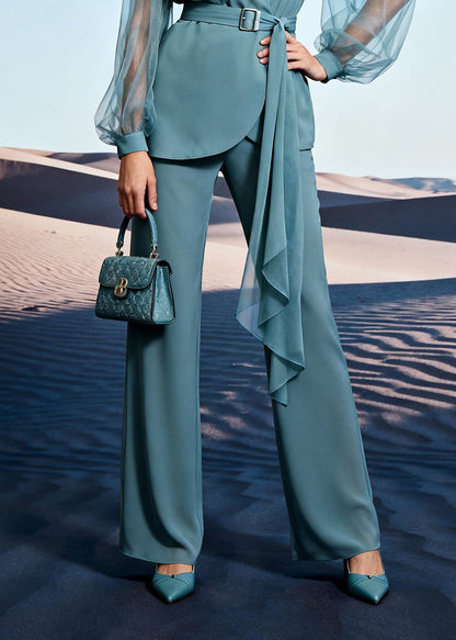 Unique Blue Tulle Patchwork Shirts and Wide Leg Pants Two Pieces Set Lantern Sleeve