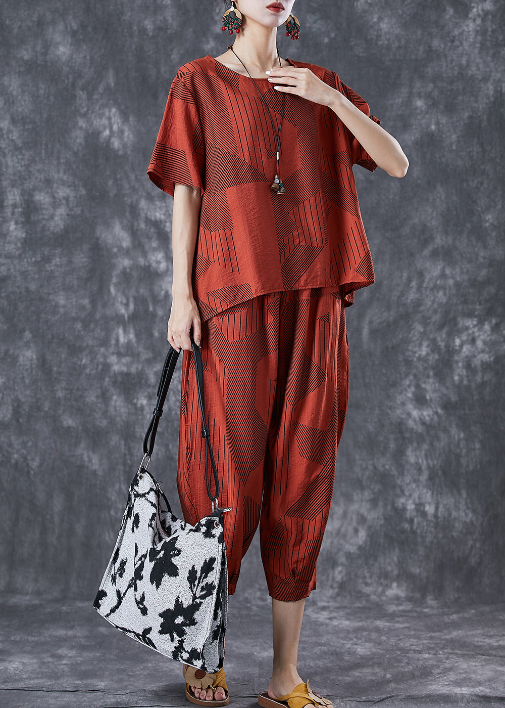 Unique Brick Red Oversized Print Cotton Sets 2 Pieces Summer