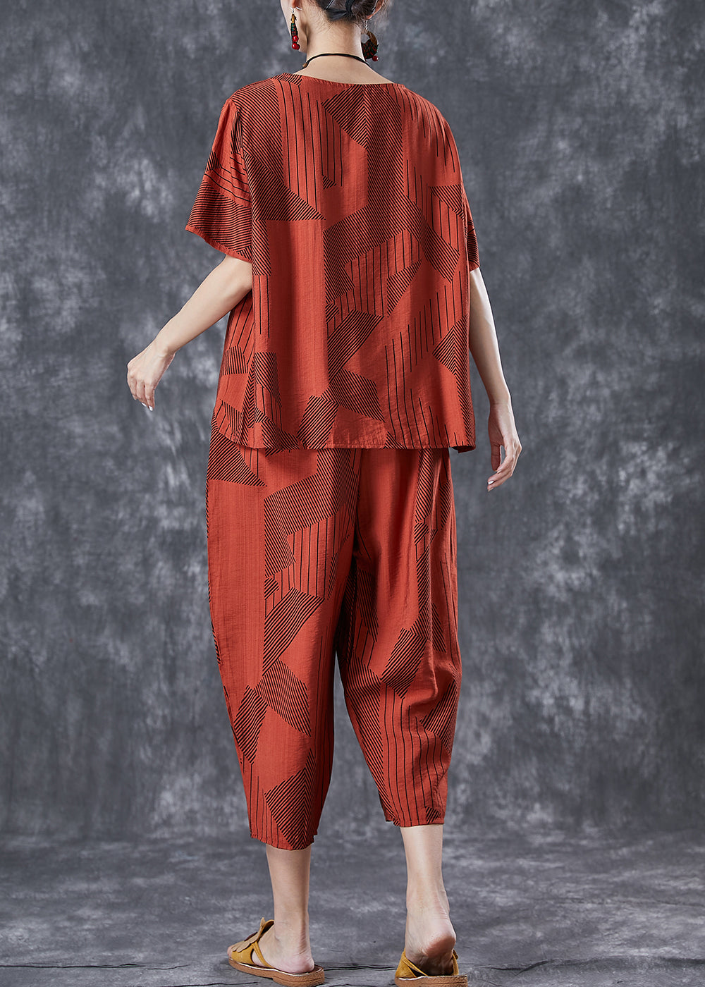 Unique Brick Red Oversized Print Cotton Sets 2 Pieces Summer