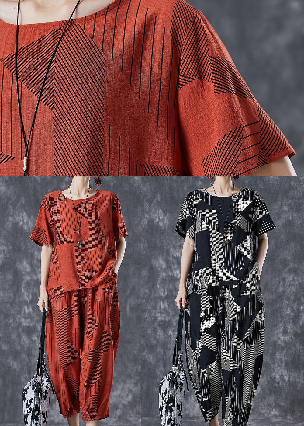 Unique Brick Red Oversized Print Cotton Sets 2 Pieces Summer