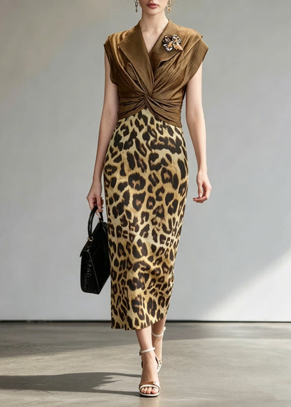 Unique Coffee Leopard Patchwork False Two Pieces Dress Summer