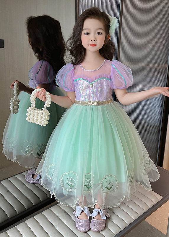 Unique Colorblock Embroideried Patchwork Tulle Kids Long Dresses Summer