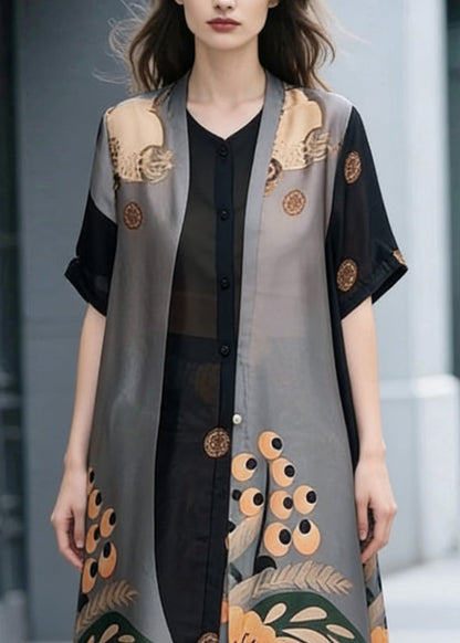 Unique Colorblock Stand Collar Patchwork Print Chiffon 2 Piece Outfit Summer
