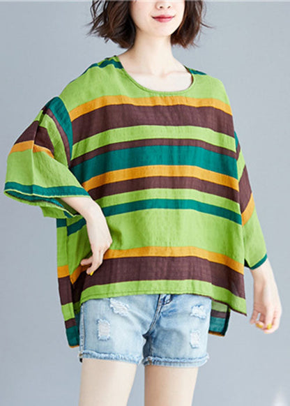 Unique Green O-neck Asymmetrical Striped T Shirt Summer