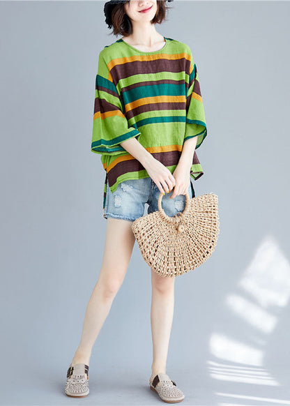 Unique Green O-neck Asymmetrical Striped T Shirt Summer