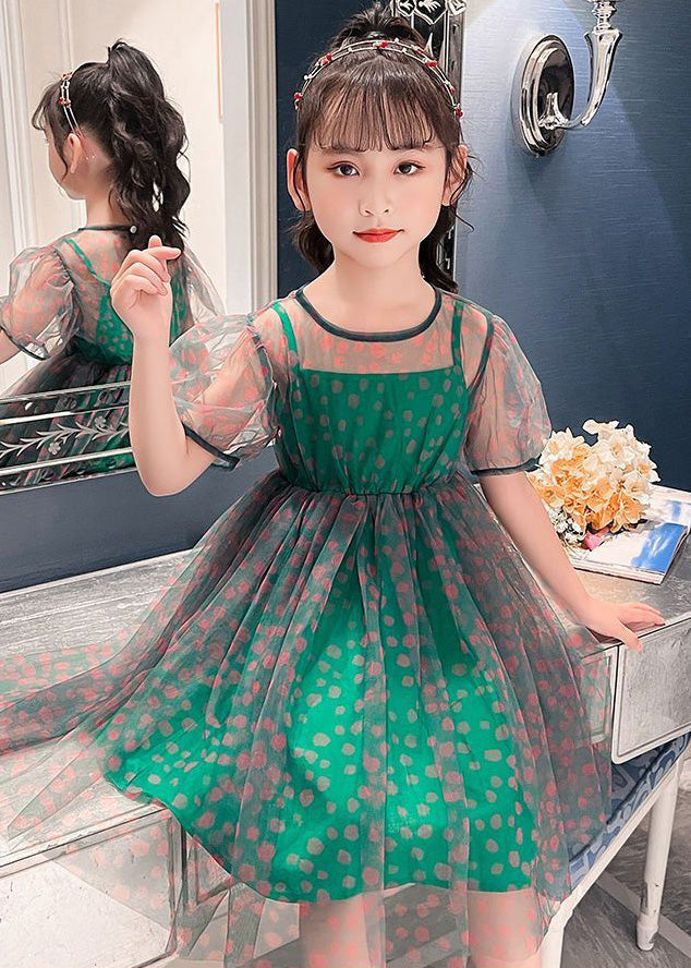Unique Green O-neck Dot Patchwork Tulle Long Dress Summer