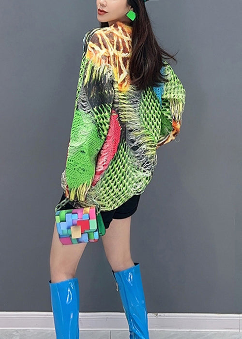 Unique Green O-neck Hollow Out Patchwork Knit Top Fall