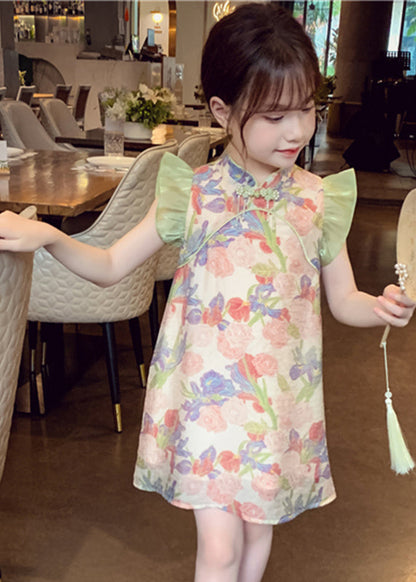 Unique Green Stand Collar Print Button Mid Dresses Sleeveless