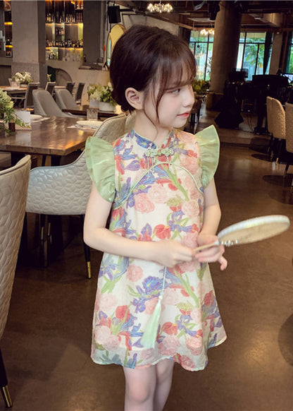 Unique Green Stand Collar Print Button Mid Dresses Sleeveless