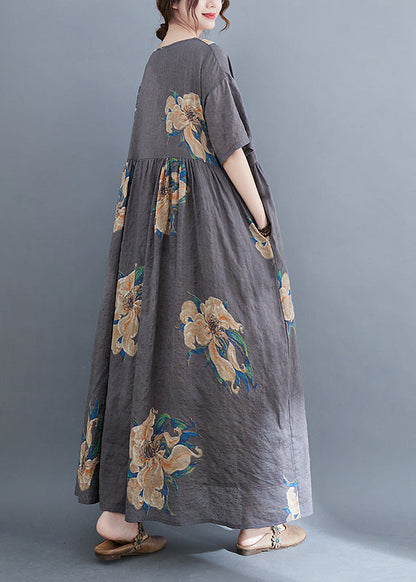 Unique Grey O-neck Print Patchwork Robe Dresses Summer