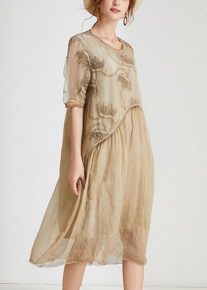 Unique Khaki O-neck Cozy Chiffon Maxi Dress Short Sleeve