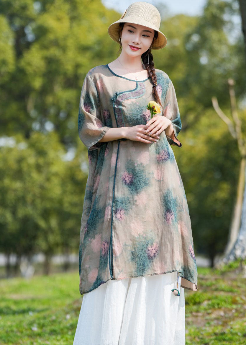 Unique Khaki O-neck Print Patchwork Linen Mid Dresses Summer