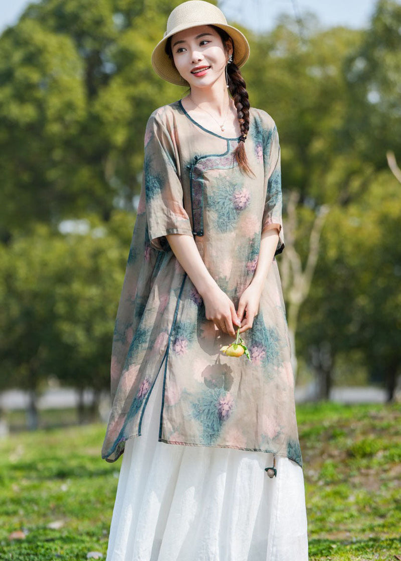 Unique Khaki O-neck Print Patchwork Linen Mid Dresses Summer