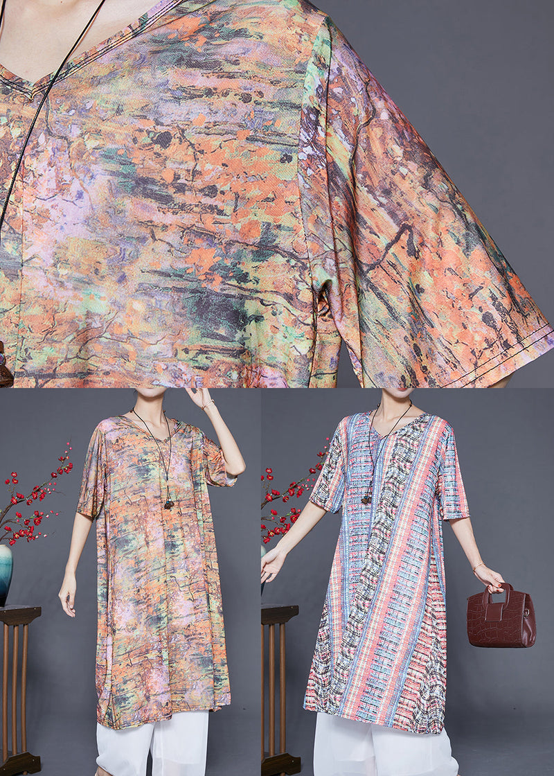 Unique Khaki V Neck Tie Dye Silk Long Dress Summer