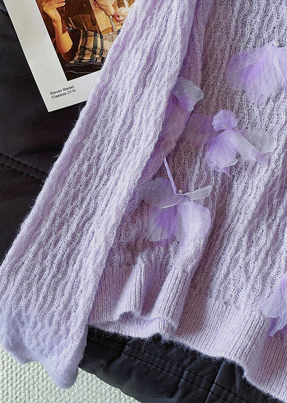 Unique Lavender V Neck Decorated Knit Pullover Fall