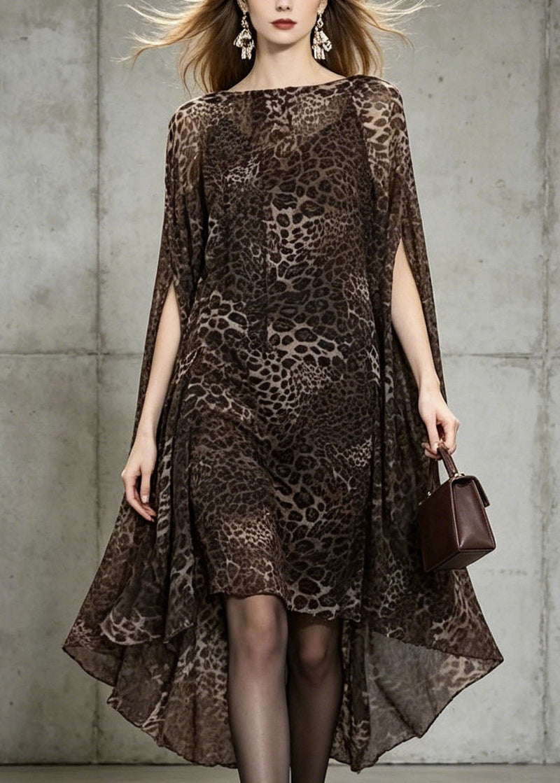 Unique Leopard Print Slash Neck Chiffon Dress Batwing Sleeve