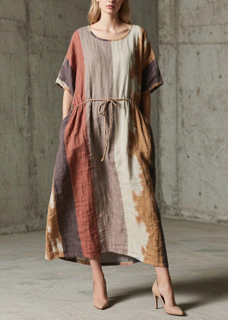 Unique Mixed Color Tie Waist Print Cotton Ankle Dress Summer