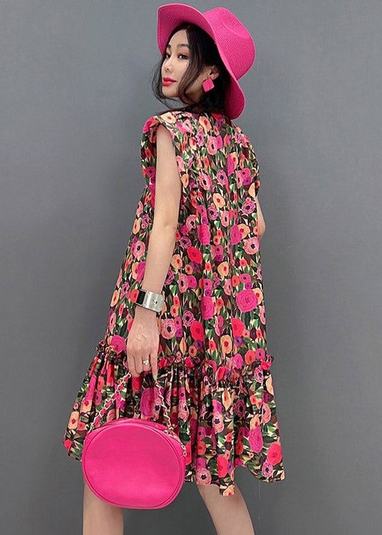Unique O-neck Print Wrinkled Mid Dresses Short Sleeve