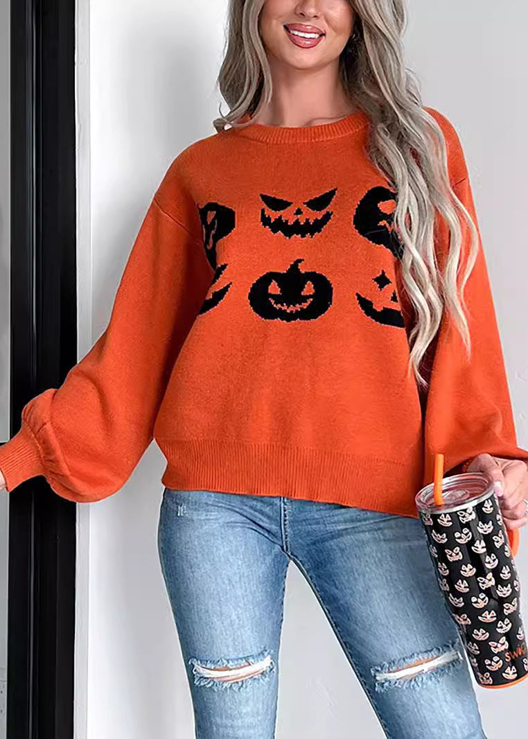 Unique Orange O-neck Print Cotton Knit Sweaters Fall