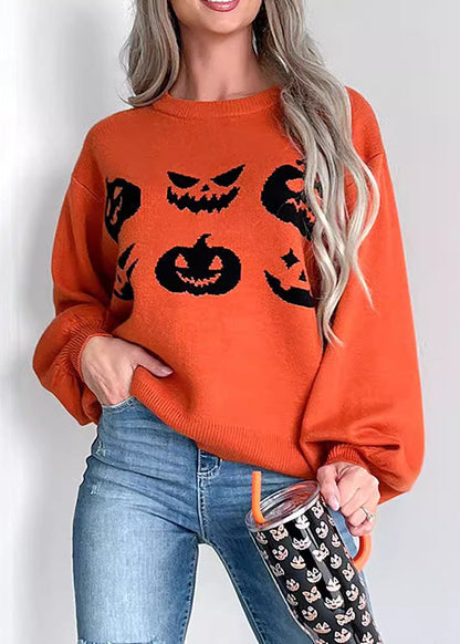 Unique Orange O-neck Print Cotton Knit Sweaters Fall