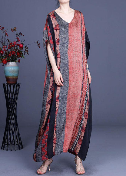 Unique Orange Print Patchwork Summer Silk Maxi Dresses Batwing Sleeve