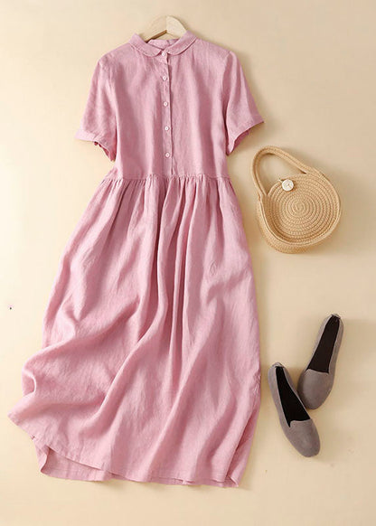 Unique Apricot Flowers Peter Pan Collar Wrinkled Linen Holiday Dress Short Sleeve