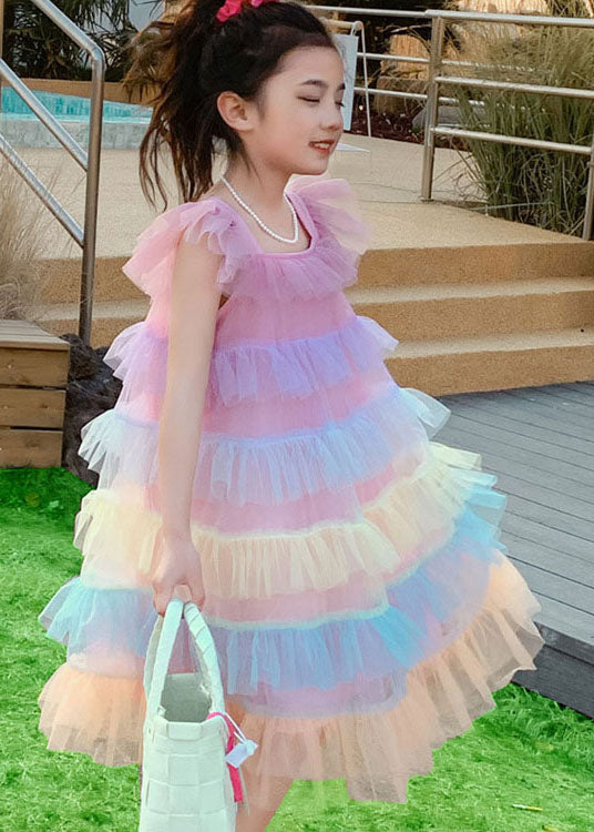 Unique Pink Ruffled Layered Patchwork Tulle Baby Dress Sleeveless
