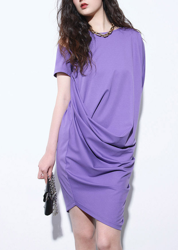 Unique Purple O-neck Asymmetrical Wrinkled Mid Dresses Short Sleeve