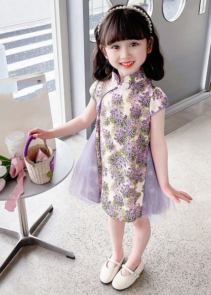 Unique Purple Stand Collar Print Mid Dress Summer