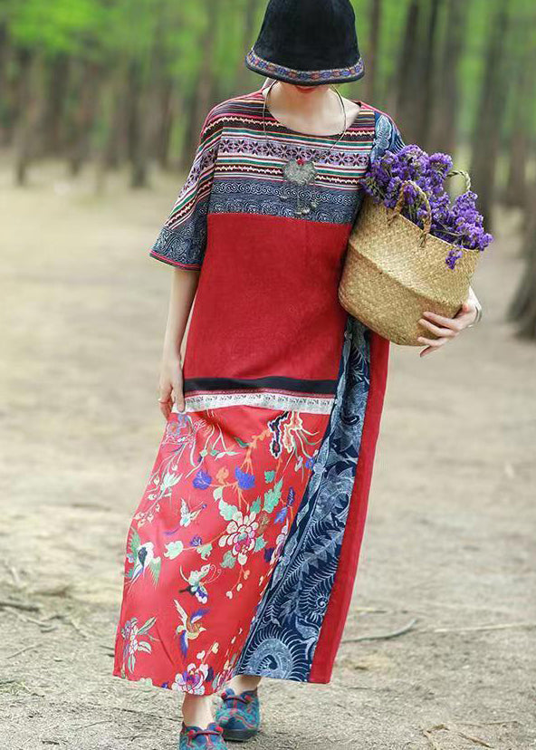 Unique Red Style Patchwork Print Cotton Long Dress Short Sleeve
