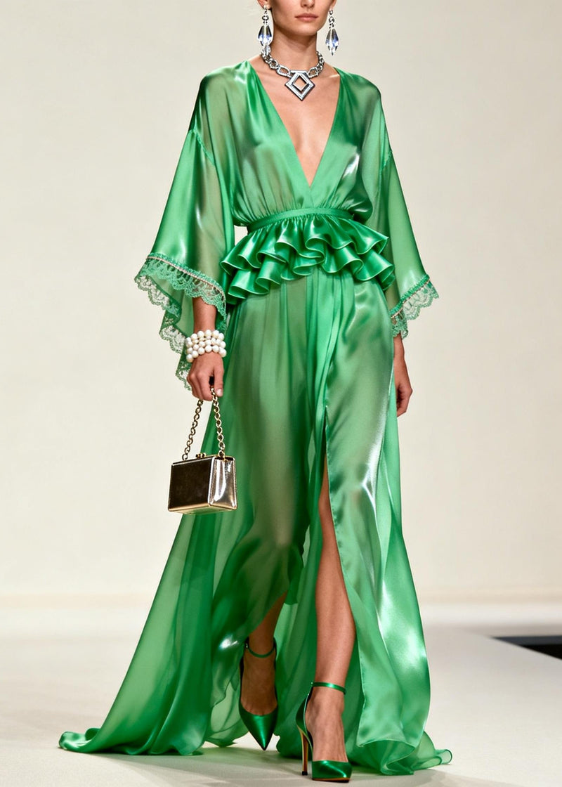 Unique Tea Green Ruffled Side Open Chiffon Party Dress Summer