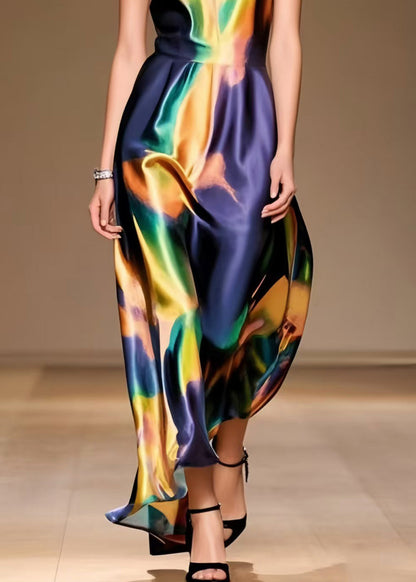 Unique Tie Dye Draping Silk Spaghetti Strap Dress Summer
