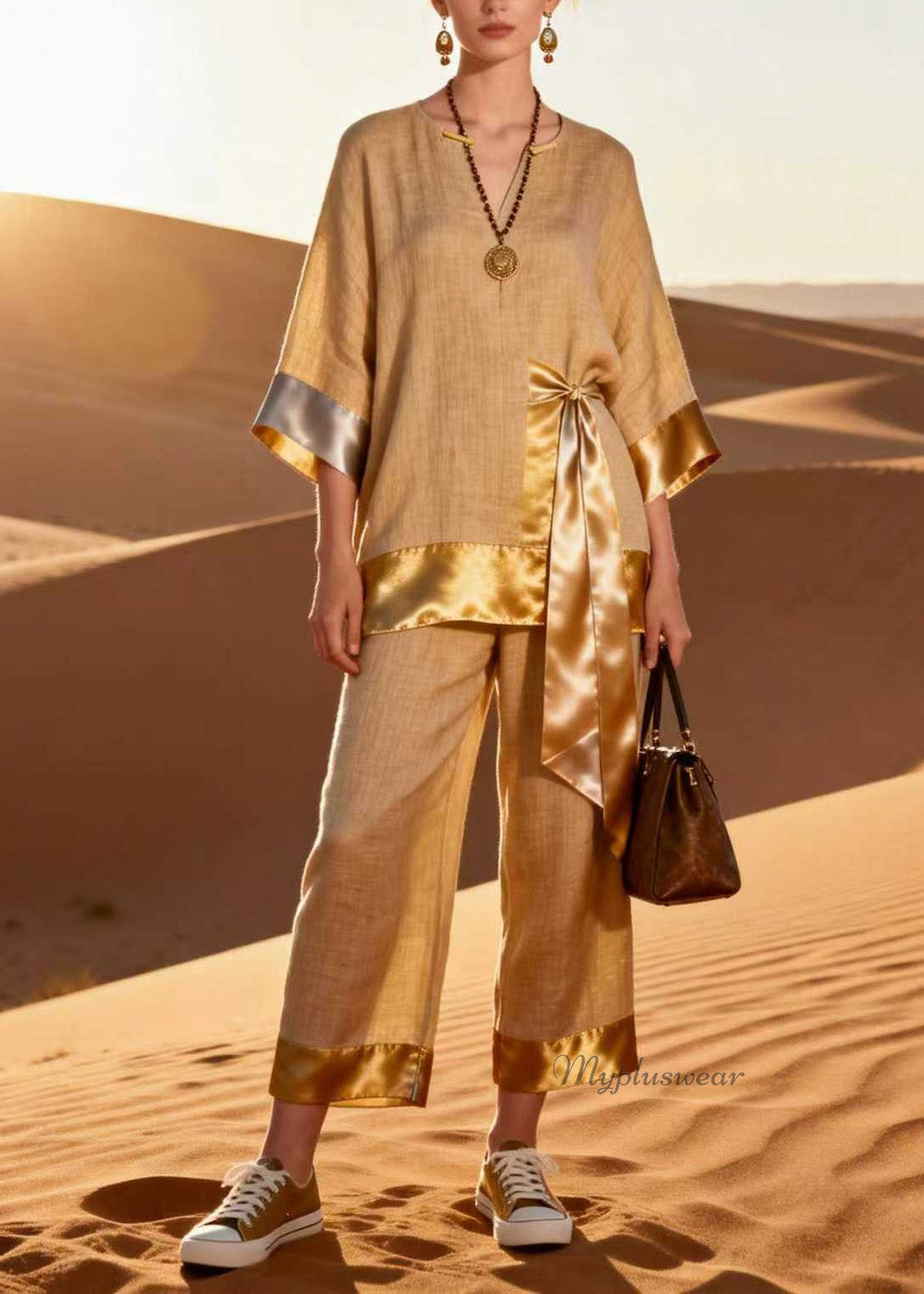 Unique V Neck Top and Pants Patchwork Linen Silk Two Pieces Set Spring