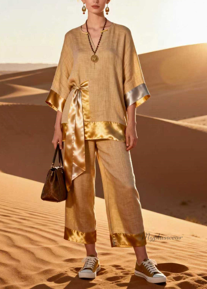 Unique V Neck Top and Pants Patchwork Linen Silk Two Pieces Set Spring