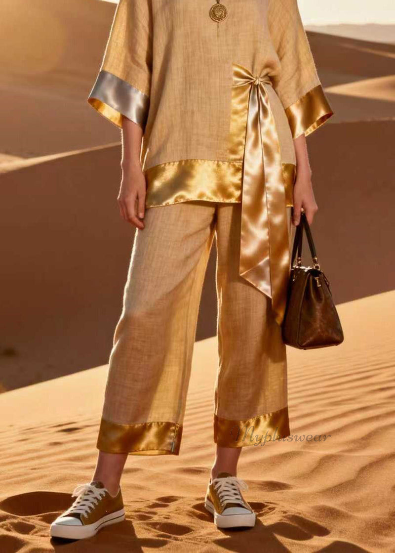 Unique V Neck Top and Pants Patchwork Linen Silk Two Pieces Set Spring