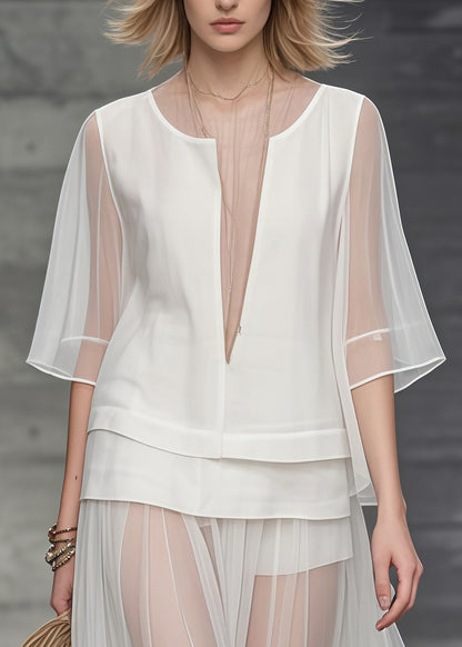 Unique White Deep-v Neck Patchwork Tulle Two Piece Set Clothing Summer