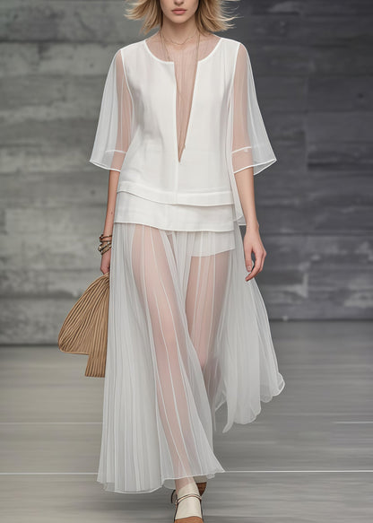 Unique White Deep-v Neck Patchwork Tulle Two Piece Set Clothing Summer