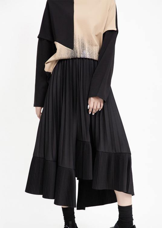 Unique Asymmetric Cotton Patchwork Tunic Dress Sewing Black Cinched Art Dress