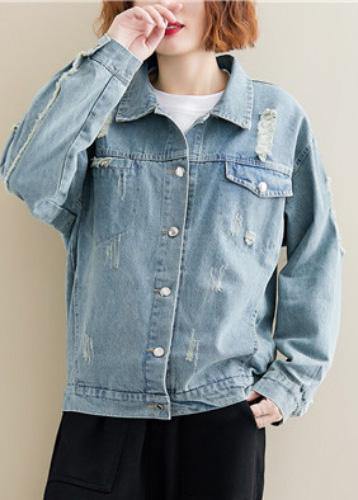 Unique Denim Blue Cotton Box Top Lapel Collar Ripped Dresses Fall Coat