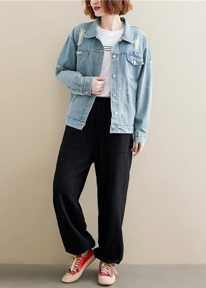 Unique Denim Blue Cotton Box Top Lapel Collar Ripped Dresses Fall Coat