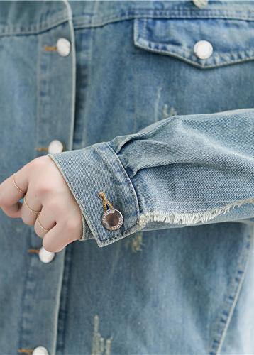 Unique Denim Blue Cotton Box Top Lapel Collar Ripped Dresses Fall Coat