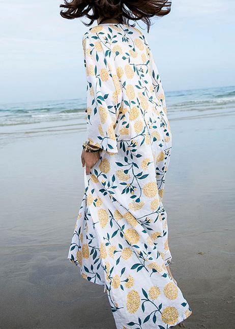 Unique O Neck Extra Large Hem Linen Dress Pattern White Print Dresses Summer
